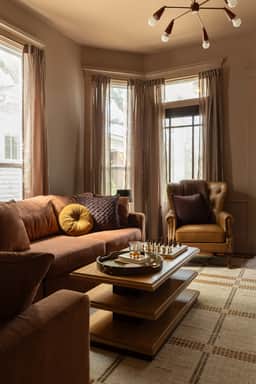 Sunlit lounge with bay windows, plush seating, and a chic game-night setup.